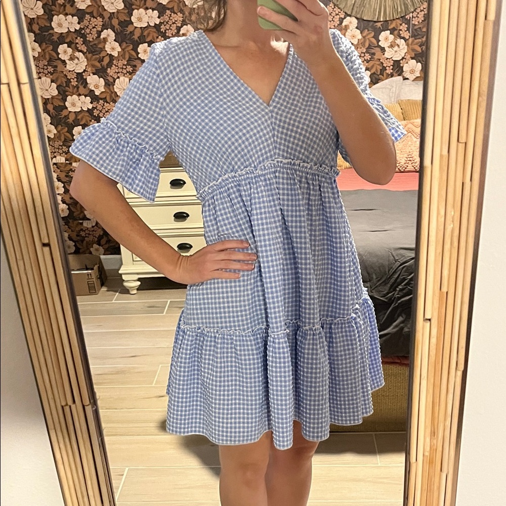 Simplee Blue Gingham Ruffle Mini Dress